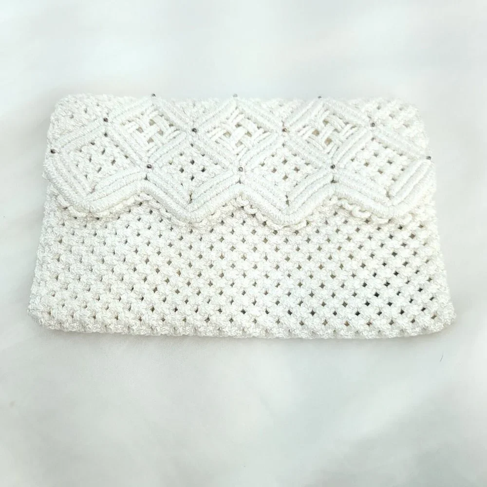 Womens White Woven Knitted Rectangle Shape Chain Strap Lightweight Clutch Bag